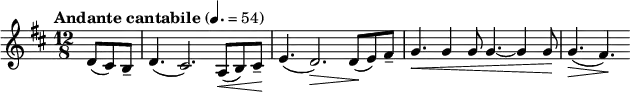 
  \relative c' { \clef treble \time 12/8 \key d \major \tempo "Andante cantabile" 4. = 54 \partial 8*3 d8( cis) b-- | d4.( cis2.) a8\<( b) cis--\! | e4.( d2.)\> d8(\! e) fis-- | g4.\< g4 g8 g4.~ g4 g8\! | g4.(\> fis)\! }
