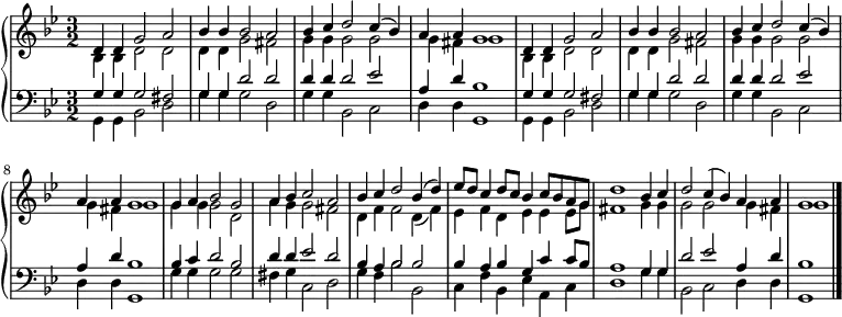 
{ \new PianoStaff <<
  \new Staff << 
    \new Voice \relative c' {\set Staff.midiInstrument = #"church organ" \set Score.tempoHideNote = ##t \tempo 4 = 120 \voiceOne \clef treble 
    \key g \minor
    \time 3/2
\language "english"
  d4 d g2 a bf4 bf bf2 a
  bf4 c d2 c4( bf) a a g1
  d4 d g2 a bf4 bf bf2 a
  bf4 c d2 c4( bf) a a g1
  g4 a bf2 g
  a4 bf c2 a
  bf4 c d2 bf4( d)
  ef8 d c4 d8 c bf4 c8 bf a g d'1
  bf4 c d2 c4( bf) a a g1
  \bar "|."
  }
   \new Voice \relative c' { \voiceTwo
  bf4 bf d2 d d4 d g2 fs
  g4 g g2 g g4 fs g1
  bf,4 bf d2 d d4 d g2 fs
  g4 g g2 g g4 fs g1
  g4 g g2 d
  a'4 g g2 fs
  d4 f f2 d4( f)
  ef4 f d ef ef ef8 g fs1
  g4 g g2 g g4 fs g1
  }  >>
  \new Staff <<
    \new Voice \relative c' {\set Staff.midiInstrument = #"church organ" \clef bass \key g \minor \time 3/2 \voiceOne
  g4 g g2 fs g4 g d'2 d
  d4 d d2 ef a,4 d bf1
  g4 g g2 fs g4 g d'2 d
  d4 d d2 ef a,4 d bf1
  bf4 c d2 bf
  d4 d ef2 d
  bf4 a bf2 bf
  bf4 a bf g c c8 bf a1
  g4 g d'2 ef a,4 d bf1
  }
   \new Voice \relative c { \voiceTwo
  g4 g bf2 d g4 g g2 d
  g4 g bf,2 c d4 d g,1
  g4 g bf2 d g4 g g2 d
  g4 g bf,2 c d4 d g,1
  g'4 g g2 g
  fs4 g c,2 d
  g4 f bf2 bf,
  c4 f bf, ef a, c d1
  g4 g bf,2 c d4 d g,1
  }
  >> >> }
