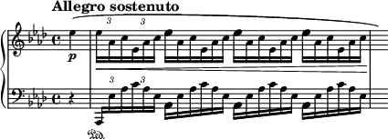 
\new PianoStaff <<
\new Staff = "Up" \with { \magnifyStaff #3/4 } <<
\new Voice \relative c' {
\clef treble
\tempo "Allegro sostenuto"
\set Score.tempoHideNote = ##t \tempo 4 = 104

\key aes \major
\time 4/4
\partial 4
\override TupletBracket.bracket-visibility = #'if-no-beam
\override TupletNumber.Y-offset = #3
\tupletSpan 8
\stemDown
ees'4 \p (\tuplet 3/2 {ees16 \< \tiny aes, c ees, aes c}
\omit TupletNumber
\tuplet 3/2 {\normalsize ees16 \tiny aes, c ees, aes c \normalsize ees16 \tiny aes, c ees, aes c \normalsize ees16 \tiny aes, c ees, aes c \!} \hide r16)
}
>>
\new Staff = "Down" \with { \magnifyStaff #3/4 } <<
\new Voice \relative c{
\clef bass
\key aes \major
\override TupletBracket.bracket-visibility = #'if-no-beam
\override TupletNumber.Y-offset = #3
\tupletSpan 8
r4 \tuplet 3/2 {\stemUp aes,16 \sustainOn \stemDown \tiny ees'' aes c aes ees}
\omit TupletNumber
\tuplet 3/2 {\normalsize aes, \tiny ees' aes c aes ees \normalsize aes, \tiny ees' aes c aes ees \normalsize aes, \tiny ees' aes c aes ees} s16
}
>>
>>
