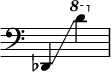 
{
    \override Score.SpacingSpanner.strict-note-spacing = ##t
    \set Score.proportionalNotationDuration = #(ly:make-moment 1/8)
    \override Score.TimeSignature #'stencil = ##f
    \relative c {
        \time 2/4
        \clef bass
        \ottava #0 des,4 \glissando \ottava #1 d'''
    }
}
