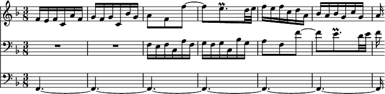 
{
<< <<
\new Staff { \clef treble \key f \major \tempo 8=120 \set Staff.midiInstrument = "flute" {
      \set Score.tempoHideNote = ##t
      \override Score.BarNumber #'transparent = ##t
      \time 3/8
      \relative c'
      { f16 e f c a' f | g f g c, bes' g | a8 f f'~ | f e8.\prall d32 e | f16 e f c d a | bes a bes g c g | a16 }
    }
  }
\new Staff { \clef bass \key f \major \set Staff.midiInstrument = "flute" {
      \relative c
      { R1*3/8 | R1*3/8 | f16 e f c a' f | g f g c, bes' g | a8 f f'~ | f e8.\prall d32 e | f16 }
     }
  }
\new Staff { \clef bass \key f \major \set Staff.midiInstrument = "flute" {
      \relative c,
      { f4.~ | f~ | f~ | f~ | f~ | f~ | f16 }
    }
  }
>> >>
}
