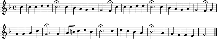 
\new Staff <<
\clef treble
\new Voice = "Soprano"
  { \key f \major \tempo 4=108 \set Staff.midiInstrument = "oboe" {
      \set Score.tempoHideNote = ##t
      \override Score.BarNumber #'transparent = ##t
      \time 4/4
      \relative c'' { \partial 4 c | c4 c d d | c2.\fermata c4 | bes a g a | g2 f4\fermata }
      \relative c'' { \partial 4 c | c4 c d d | c2.\fermata c4 | bes a g a | g2 f4\fermata }
      \relative c'' {
      g4 | g g a c | g2.\fermata g4 | a8 b c4 d b | c2.\fermata c4 | d c bes a | bes2.\fermata a4 | g f f e | f2. \bar "|."
      }
    }
  }
>>
