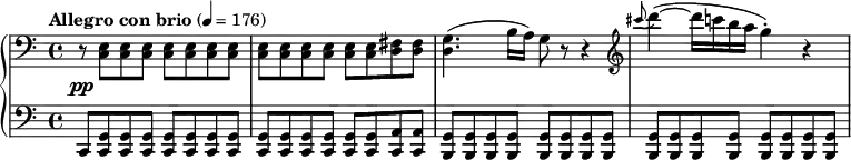  {
#(set-global-staff-size 18)
{ \new PianoStaff <<
  \new Staff { \relative c {
    \once\override DynamicLineSpanner.staff-padding = #4
    \clef bass \time 4/4
    \tempo "Allegro con brio" 4 = 176
    \override DynamicLineSpanner.staff-padding = #2.5
    r8\pp <c e> <c e> <c e> <c e> <c e> <c e> <c e>
    <c e> <c e> <c e> <c e> <c e> <c e> <d fis> <d fis>
    <d g>4.( b'16 a) g8 r r4
    \clef treble \grace { cis''8( } d4~)( d16 c b a g4-.) r4
  } }
  \new Staff { \relative c, {
   \clef bass
   c8 <c g'> <c g'> <c g'> <c g'> <c g'> <c g'> <c g'>
   <c g'> <c g'> <c g'> <c g'> <c g'> <c g'> <c a'> <c a'>
   <b g'> <b g'> <b g'> <b g'> <b g'> <b g'> <b g'> <b g'>
   <b g'> <b g'> <b g'> <b g'> <b g'>[ <b g'> <b g'> <b g'>]
  } }
>> } }
