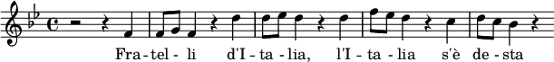 \relative f' { \clef treble \time 4/4 \key bes \major r2 r4 f4 f8 g8 f4 r4 d'4 d8 ees8 d4 r4 d4 f8 ees8 d4 r4 c4 d8 c8 bes4 r4 } \addlyrics { Fra -- tel - li d'I -- ta - lia, l'I -- ta - lia s'è de - sta }