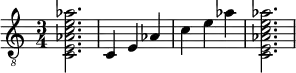  {
\clef "treble_8"
\time 3/4
<c e aes c' e' aes'>2.
<c >4
<e >4
<aes  >4
<c' >4
<e' >4
<aes' >4
<c e aes c' e' aes'>2.
}
