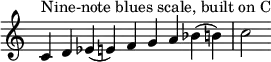  {
\override Score.TimeSignature #'stencil = ##f
\relative c' {
  \clef treble \time 9/4
  c4^\markup { "Nine-note blues scale, built on C" } d es( e) f g a bes( b) c2
} }
