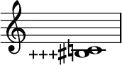 { \magnifyStaff #3/2 \omit Score.TimeSignature \relative c' <c! \tweak Accidental.stencil #ly:text-interface::print \tweak Accidental.text \markup { \concat { \lower #1 "+++" \sharp}} bis>1
}