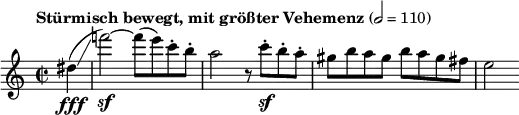  \relative c'' { \set Staff.midiInstrument = #"violin"  \clef treble \key a \minor \tempo "Stürmisch bewegt, mit größter Vehemenz" 2 = 110\time 2/2 \partial 4*1 dis\fff(\glissando | f'!2\sf)~ f8( e) c-. b-. | a2 r8 c\sf-. b-. a-. | gis b a gis b a gis fis | e2 } 