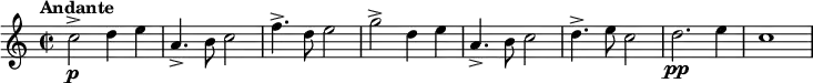 
\relative c' { \set Staff.midiInstrument = #"french horn"
  \set Staff.midiMinimumVolume = #0.7
  \set Staff.midiMaximumVolume = #1.0
  \tempo "Andante"
  \tempo 4 = 80
  \transposition c
  \key c \major
  \time 2/2
  c'2->\p d4 e4 | a,4.-> b8 c2 | f4.-> d8 e2 | g-> d4 e | a,4.-> b8 c2 | d4.-> e8 c2 | d2.\pp e4 | c1
}
