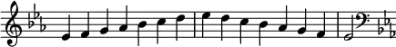   {
\omit Score.TimeSignature \relative c' {
  \key es \major \time 7/4 es f g aes bes c d es d c bes aes g f es2
  \clef F \key es \major
} }
