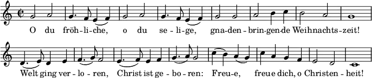 
<<
  \new Voice \relative c'' {
    \autoBeamOff
    \language "deutsch"
    \set Staff.midiInstrument = #"recorder"
    \tempo 4 = 120 \set Score.tempoHideNote = ##t
    \override Score.BarNumber #'transparent = ##t
    \time 2/2
    \repeat unfold 2 {
      g2 a g4. f8 e4 ( f )
    }
    g2 g a h4 c h2 a g1
    d4. ( e8 ) d4 e f4. ( g8 ) f2
    e4. ( f8 ) e4 f g4. ( a8 ) g2
    c4 ( h ) a ( g ) c a g f e2 d c1
  }
  \addlyrics {
    O du fröh -- li -- che, o du se -- li -- ge,
    gna -- den -- brin -- gen -- de Weih -- nachts -- zeit!
    Welt ging ver -- lo -- ren, Christ ist ge -- bo -- ren:
    Freu -- e, freu -- e dich, o Chris -- ten -- heit!
  }
>>
