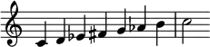  {
\override Score.TimeSignature #'stencil = ##f
\relative c' { 
  \clef treble \time 7/4
  c4 d es fis g aes b c2
} }
