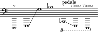  {
    \new Staff \with { \remove "Time_signature_engraver" }
    \clef bass \key c \major \cadenzaOn
    \tweak font-size #-2 c,,1 \finger \markup \text "V"
    e,,1 \glissando g1
    \tweak font-size #-2 bes1
    \ottava #-1
    \tweak font-size #-2 bes,,,1 ^ \markup "pedals" \finger \markup \text "1"
    \glissando
    \tweak font-size #-2 e,,,1   \finger \markup \text "7 (poss.)"
    \tweak font-size #-2 c,,,1 \finger \markup \text "V (poss.)"
  }
