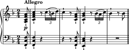 
{
#(set-global-staff-size 14)
\time 2/4
\new PianoStaff <<
\new Staff { \relative c' { \key f \major
\partial 8 <a
 c f a>8_!\p^\markup{ \bold "Allegro" } | <c f a c>4_! r8 \tuplet 3/2 8 { c'16( b d) }
c4-! r8 <c, f a>_! <c g' bes>4_! r8 \tuplet 3/2 { bes'16( a c) } bes4-! r8 bes \bar "||" } }
\new Staff { \relative c, { \key f \major \clef "bass"
\partial 8 <f c' f>8_! | <f c' f>4_! r r r8 <f c' f>8_! <e c' e>4_! r \compressEmptyMeasures R1*2/4 \bar "||" } } >>
 }
