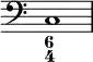 
{
\clef bass
\time 4/4 
<<
\override Score.TimeSignature
#'stencil = ##f
\relative c { 
   <c>1
   }
  \figures {
    <6 4>
  }
>>
}
