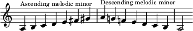  {
\override Score.TimeSignature #'stencil = ##f\relative c' {
  \clef treble \time 7/4 \hide Staff.TimeSignature
  \override Voice.TextScript.font-size = #-2
  a4^\markup { Ascending melodic minor } b c d e fis gis
  a^\markup { Descending melodic minor } g! f! e d c b a2 }
}

