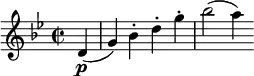 
\relative c' {
   \set Score.tempoHideNote = ##t \tempo 2 = 120
   \time 2/2 \tempo "Allegro assai" \key g \minor
   \partial4 d4\p(
   g )  bes-. d-. g-.
   bes2 ( a4 )
}
