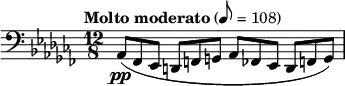  { \set Staff.midiInstrument = "contrabass" \language "english" \clef bass \key af \minor \time 12/8 \tempo "Molto moderato" 8 = 108 \relative { af,8\pp( ff ef d f g af ff ef d f g) } } 