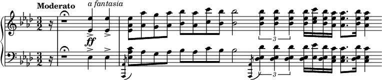 
 \relative c'' {
  \new PianoStaff <<
   \new Staff { \key aes \major \tempo "Moderato" \time 3/2 \partial 16
    r16 r1\fermata <es es,>4-> ^\markup { \italic { a fantasia } } <es es,>->
    <es aes, es>8 <aes aes,> <g g,> <aes aes,> <bes bes,> <aes aes,> <c c,> <bes bes,> <bes bes,>2 \bar ""
    \times 2/3 { <bes es, bes>4 <bes es, bes> <bes es, bes> }
    <bes es, bes>16[ <c es, c> <bes es, bes> <aes es aes,>] <aes es aes,>8. <bes es, bes>16 <aes es aes,>4 \bar ""
   }
   \new Dynamics {
    s16 s1 s2-\ff
   }
   \new Staff { \key aes \major \time 3/2 \clef bass
    r16 r1\fermata es,,4-> es-> \acciaccatura <aes, aes,>8 <c' aes es> aes g aes bes aes c bes bes2 \bar ""
    \acciaccatura <aes, aes,>8 \times 2/3 { <des' es, des>4 <des es, des> <des es, des> }
    <des es, des>16[ <es es,> <des es, des> <c es, c>] <c es, c>8. <des es, des>16 <c es, c>4 \bar ""
   }
  >>
 }
