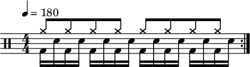 \version "2.22.0"
\header { tagline = ##f}
\score {
  \drums \with {midiInstrument = "drums"}
  \with { \numericTimeSignature }
  {
    \tempo 4 = 180
    \repeat volta 2 {
      <<{cymra8 cymra cymra cymra cymra cymra cymra cymra}\\{ bd16 sne bd sne bd sne bd sne bd sne bd sne bd sne bd sne}>>\break
    }
  }
  \layout {}
}

\score {
  \unfoldRepeats {
    \drums \with {midiInstrument = "drums"}{
      \repeat volta 2 {
        <<{cymra8 cymra cymra cymra cymra cymra cymra cymra}\\{ bd16 sne bd sne bd sne bd sne bd sne bd sne bd sne bd sne}>>
      }
    }
  }
  \midi { \tempo  4 = 180 }
}