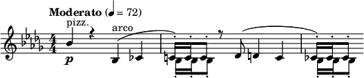  \relative c'' { \clef treble \numericTimeSignature \time 4/4 \key bes \minor \tempo "Moderato" 4 = 72 << { bes4\p^"pizz." r bes,(^"arco" ces | c!16)-. c-. c8-. r des( d4 c | ces16-.) ces-. ces8-. } \\ { s1 | bes16-. bes-. bes8-. | s4 s2 | bes16-.[ bes-. bes8-.] } >> } 