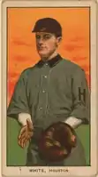 Baseball card of a player in uniform with an "H" on the sleeve