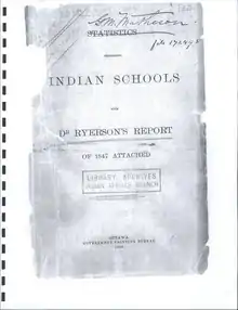 Photocopied, front cover view of Statistics Respecting Indian Schools, 1898