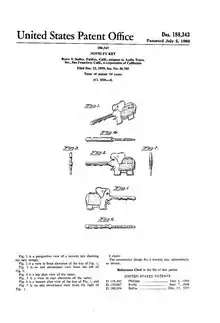 Cover page from US Patent 188.343, titled "Novelty Key".  Includes seven drawings of an elephant-shaped key, shown from various views (front, back, side, etc.)